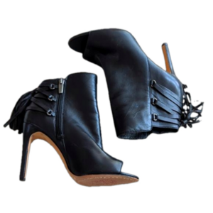 Revolve X Vince Camuto Black Leather Kimina Open Toe Heel Bootie Fringe Size 7